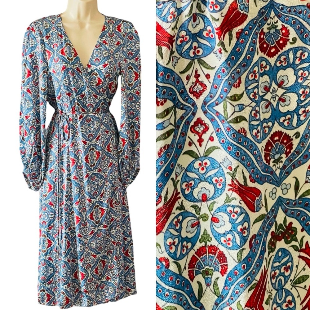 Zara Wrap Dress Jacquard Paisley Print Long Sleeve Sz M Blue Red V neck Shimmer